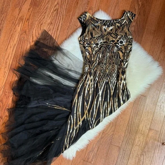 Y2k vintage black and gold beaded mermaid prom dress - Picture 2 of 8